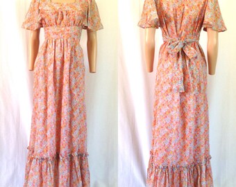 1970's Gauzy Peach Floral Empire Waist Maxi Dress Sz. M/L