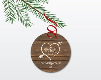 Our First Apartment Christmas Ornament - Personalized 1st Apartment Ornament - Unique Housewarming Gift - Rustic Ceramic Ornament with Heart