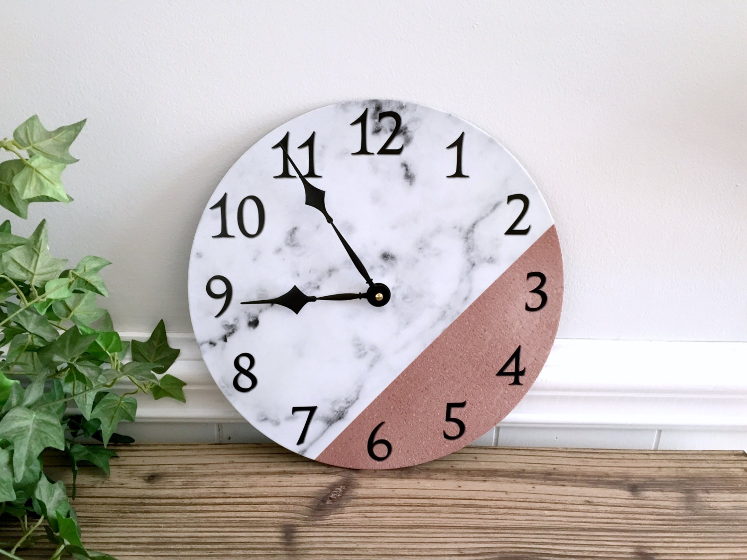 White Faux Marble Print Wall Clock w/Rose Gold Upcycled