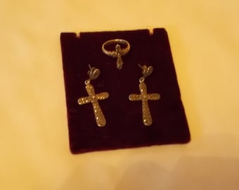 Sterling Silver and Marcasite Stud Cross Earrings and Matching Ring. (504)