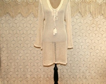 Crochet Dress Medium Women Sweater Dress Tunic Dress Knit Cover Up Long Sweater See Through Bell Sleeves Beach Hippie Boho Womens Clothing