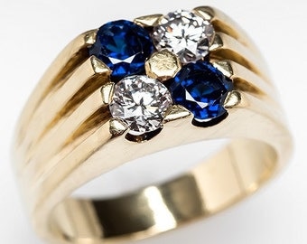 Mens Cartier Ring – Vintage Mens Diamond & Blue Sapphire 18K Gold Ring Wide Band - WM8626