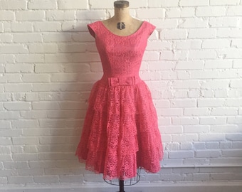 1950s Hot Pink Lace Party Dress // 50s Pink Lace Tulle Dress // Vintage 50s Pink Cupcake Dress