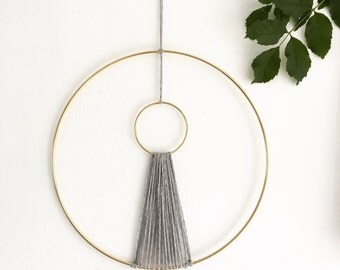 Minimalist Macrame Wall Hanging | Grey and Gold Macrame Wall Hanging | Bohemian Wall Decor | Gold Circle Macrame Ring