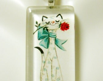 Pajama kitty with red flower glass pendant and chain - CGP12-101