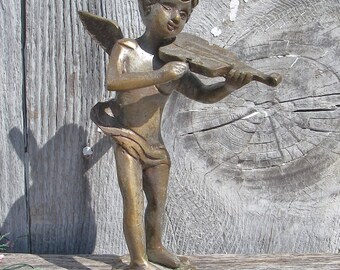Vintage Brass Angel/Cherub Statue, Brass Angel Playing Violin, Brass Angel Figurine, Cherub Figurine, Brass Home Garden Decor, Garden Statue