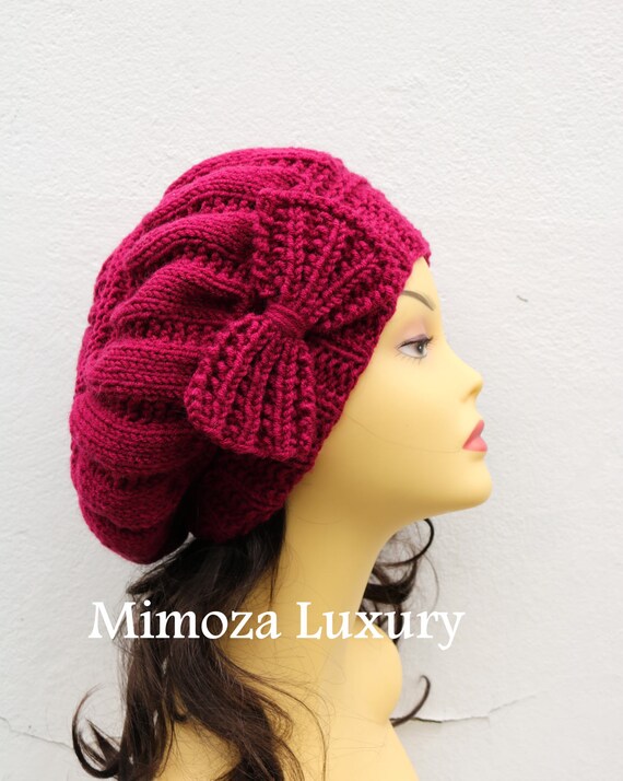 Magenta Dark Fuchsia Woman Hand Knitted Hat with Bow, Beret hat with bow, Dark Fuchsia knit hat, slouchy knit women's hat with bow, winter