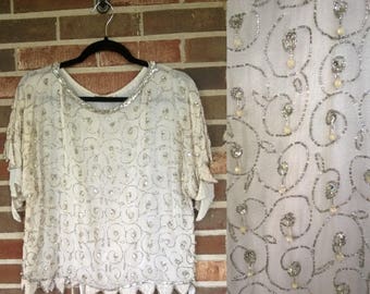 Stunning White Cream 1920s Style Sequin Beaded Silk Blouse, S