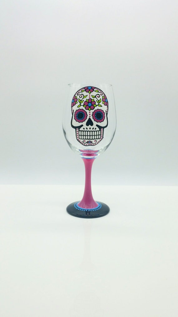 Sugar Skull Hand Painted Wine Glass Day of the Dead Dia De Los