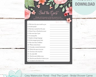 Find The Guest Grey Watercolor Floral Bridal Shower Game Printable, Flowers,Guest Guess, Bachelorette Party Game, Lingerie Shower Game, 006A
