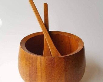 Dansk International staved teak salad bowl with servers Danish Modern style