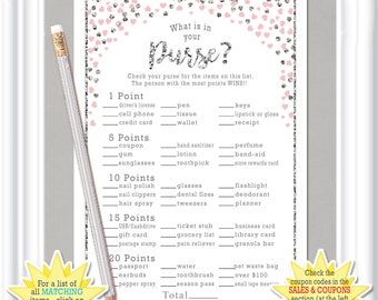 WHAT'S in your PURSE? Bridal Shower game, Wedding game with tiny silver and blush hearts, bachelorette party, diy PRINTABLE, 43BR