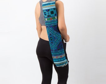 Ethnic Yoga Mat Bag with Diamond Hmong Embroidered in Blue (BG316DIABLU)