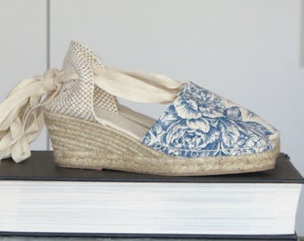Lace-up espadrille wedges - TOILE de JOUY COLLECTION - mumishoes - made in spain