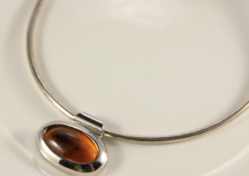 Silver Cuff Necklace Amber Pendant Gothic Jewelry Short