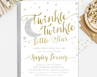 Twinkle Twinkle Little Star Baby Shower Invitation, Star Sprinkle Invitation, Girl Or Boy: White Gold & Silver Glitter Party, Invite - Star