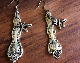 Silverware Handle Earrings, French Hooks, Dragonflies, Vintage