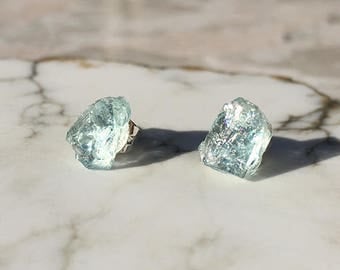 Raw Aquamarine Stud Earrings, Aquamarine Earrings, Raw Crystal Earrings, Raw Stone Earrings, Raw Crystal Jewelry, Raw stone Studs