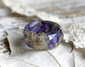 eco resin ring REAL FLOWER RING Resin jewelry Queen Anne's Lace Flower resin ring delfinium blue petals nature inspired engagement ring