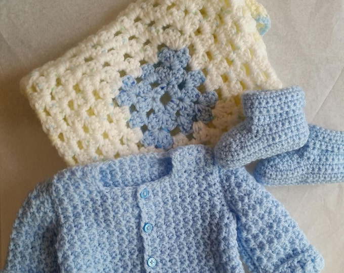 Baby Blue Clothing Set for Baby Boy | Crochet Baby Afghan | Baby Stocking Booties | Newborn |Crochet Cardigan | Baby Shower Gift | Handmade