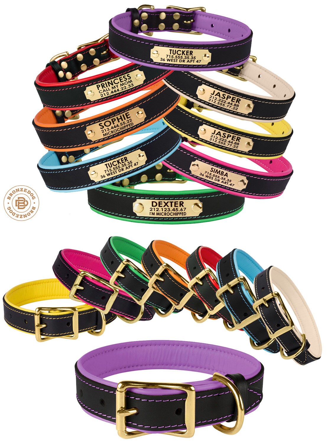 Personalized Dog Collar Leather Custom Engraved Brass Hardware