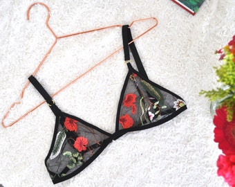 Embroidered BRALETTE - See through Tulle - Mesh Bralette - Flower bralette