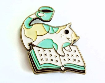 Pin Enamel Pin Cat + Book + Coffee ENAMEL PIN book pin cat enamel pin cat pin enamel pin feminist pin enamel cat pin enamel pin coffee pin