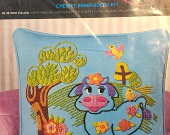 Blue Moo Pillow Crewel Embroidery Kit Avon Creative Needle craft Avon Product 1973 Blue Cow Pillow