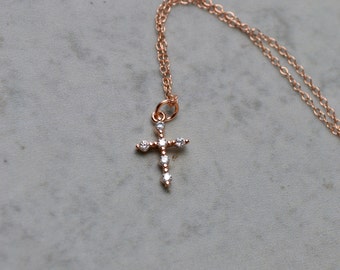Rose Gold Cross Necklace, Dainty Cross Necklace, Rose Gold Pendant, Gift Mom Tiny Cross Necklace, Christian Rose Gold Cubic Zirconia Pendant