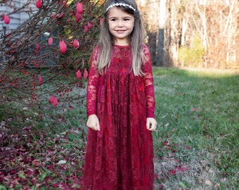 Sale & Ready to Ship Burgundy, Deep Red Sweetheart Dress- Flower Girl, Wedding, country, rustic dress, fall, winter, red, long sleeve, lace