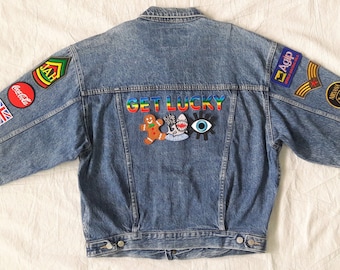 Get Lucky Denim Jacket / Reworked Vintage Denim Jacket with Patches / Patched Denim Jacket / Patched Jean Jacket Men Size L Unisex Adult