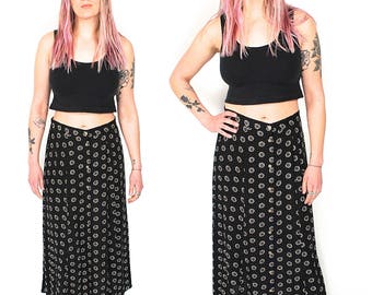 Vintage Flower Button Up Maxi Skirt - 90s Grunge Minimalist Daisy Print Long Skirt - 90s High Waist Black White Floral Polka Dot Maxi Skirt