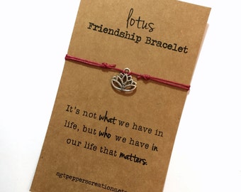 LOTUS Friendship Bracelet ~ Silver Charm ~ Waxed Cotton Cord ~ It's not what we have in life ... ~ Adjustable, choose your color