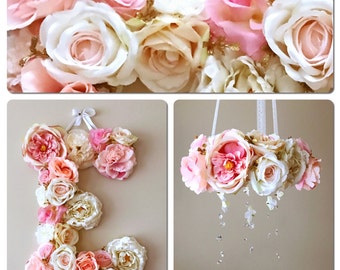 Baby mobile and matching 18" flower letter, Floral mobile, Floral letter, mobile with genuine Swarovski crystals, Nursery decors, Crib mobil