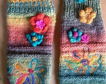 elbow length fingerless gloves handknit in selfstriping earth colors/ elbow length gauntlets with flowers