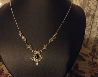 Vintage sterling silver marcasite onyx necklace art deco