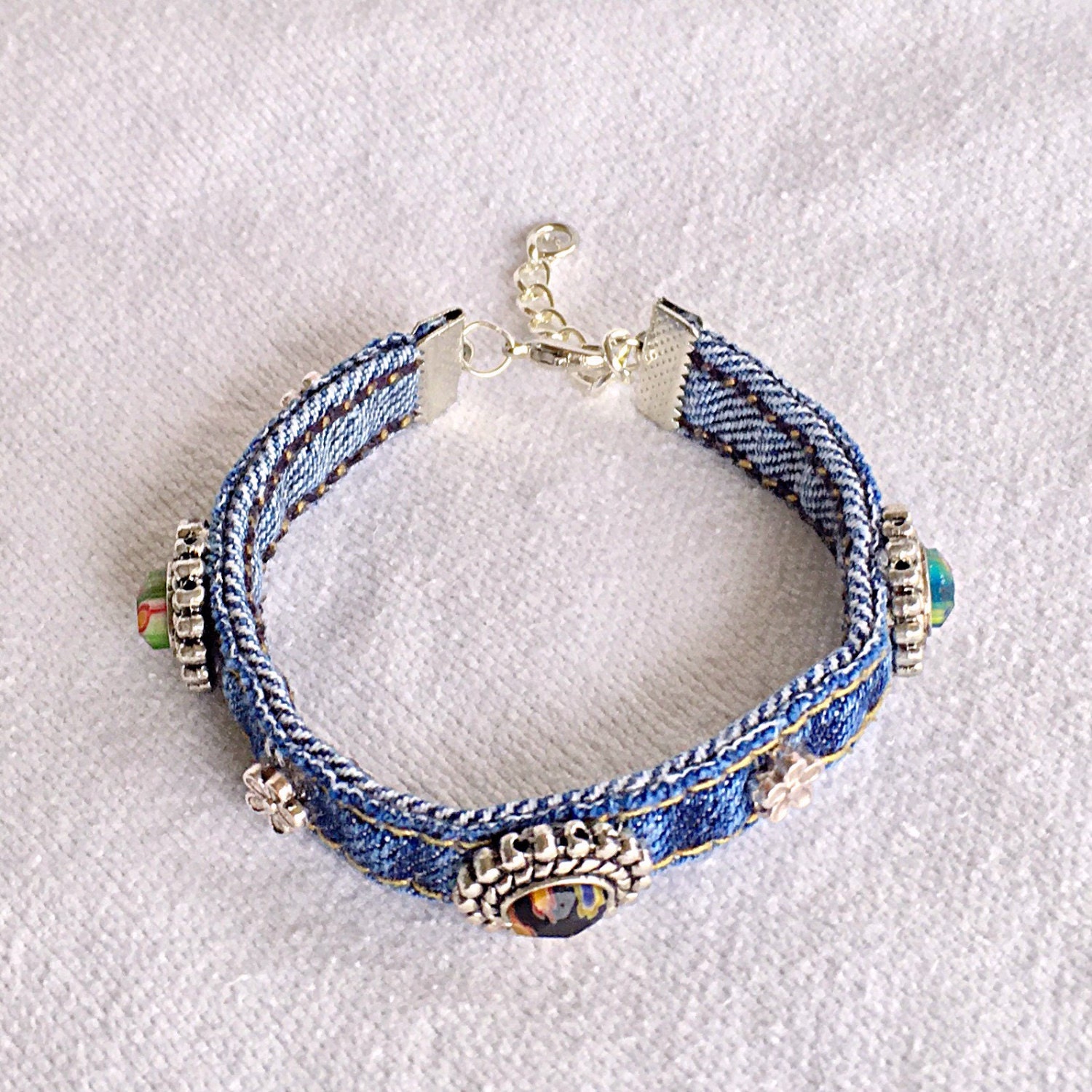 Denim Beaded Wrap Jean Bracelet Recycled Upcycle Braclet