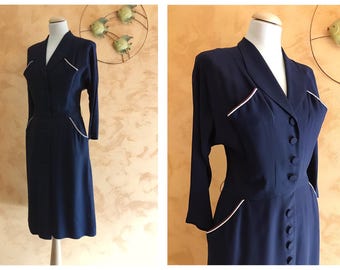 Vintage 1940s 1950s Blue Crepe Long Sleeve Dress - Size S/M
