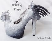 The Misty Dragon Heels Custom Hand Sculpt Paint Shoe Size 3 4 5 6 7 8 High Wedge Fantasy Mythical Bridal Wedding Alternative White Scales