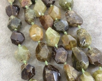 Natural Faceted Green Garnet Nugget Shaped Beads - 16.75" Knotted Strand (Approx. 19 Beads) - Measuring 15mm x 20mm - High Quality Gemstone