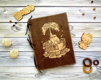 Baby Shower Guest Book, Baby Memory Book, Gift for New Parents, Baby guest book in wooden cover, baby elephant.
