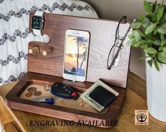 Charging Station Organizer, Mens Birthday Gift, Personalized Mens Gifts, Husbands Gift, Wood Valet, Boyfriend Gifts, Gifts For Dad.