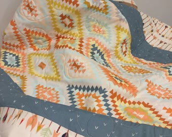 Aztec Baby Quilt, Tribal baby quilt, Kilim Baby Quilt, Gender Neutral Quilt, Baby bedding, crib bedding, baby blanket, aztec nursery, arrow