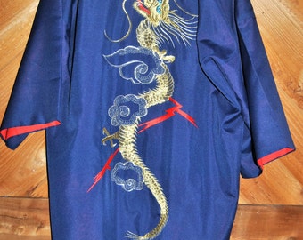 Medium Length Robe Navy lined with Red Belted Embroidered Dragons SIZE LARGE