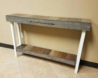 Farmhouse console table with white distressed finish and multi colored stain finish. Fixer upper table, rustic furniture