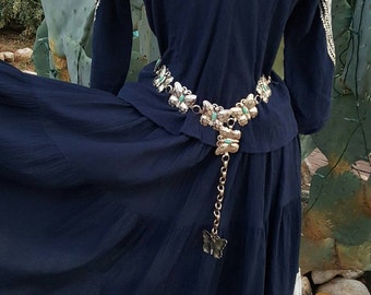 Vintage Southwestern / Rockabilly "Squaw Skirt" and Blouse / Patio Skirt and Blouse Navy Blue with Silver Ribbon and Rick Rack Size XS/S