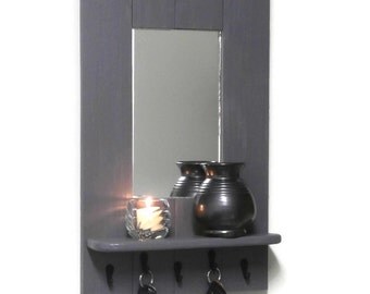 Weathered Gray Entryway Mirror-Entryway Mirror with Shelf and Hooks-Reclaimed Wood Mirror Key Rack-Shelf With Hooks for Entryway-Beach Decor