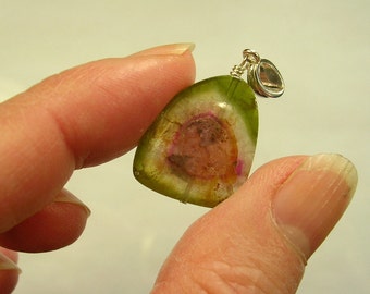 Watermelon tourmaline slice pendant 21 x 17mm with sterling silver bail