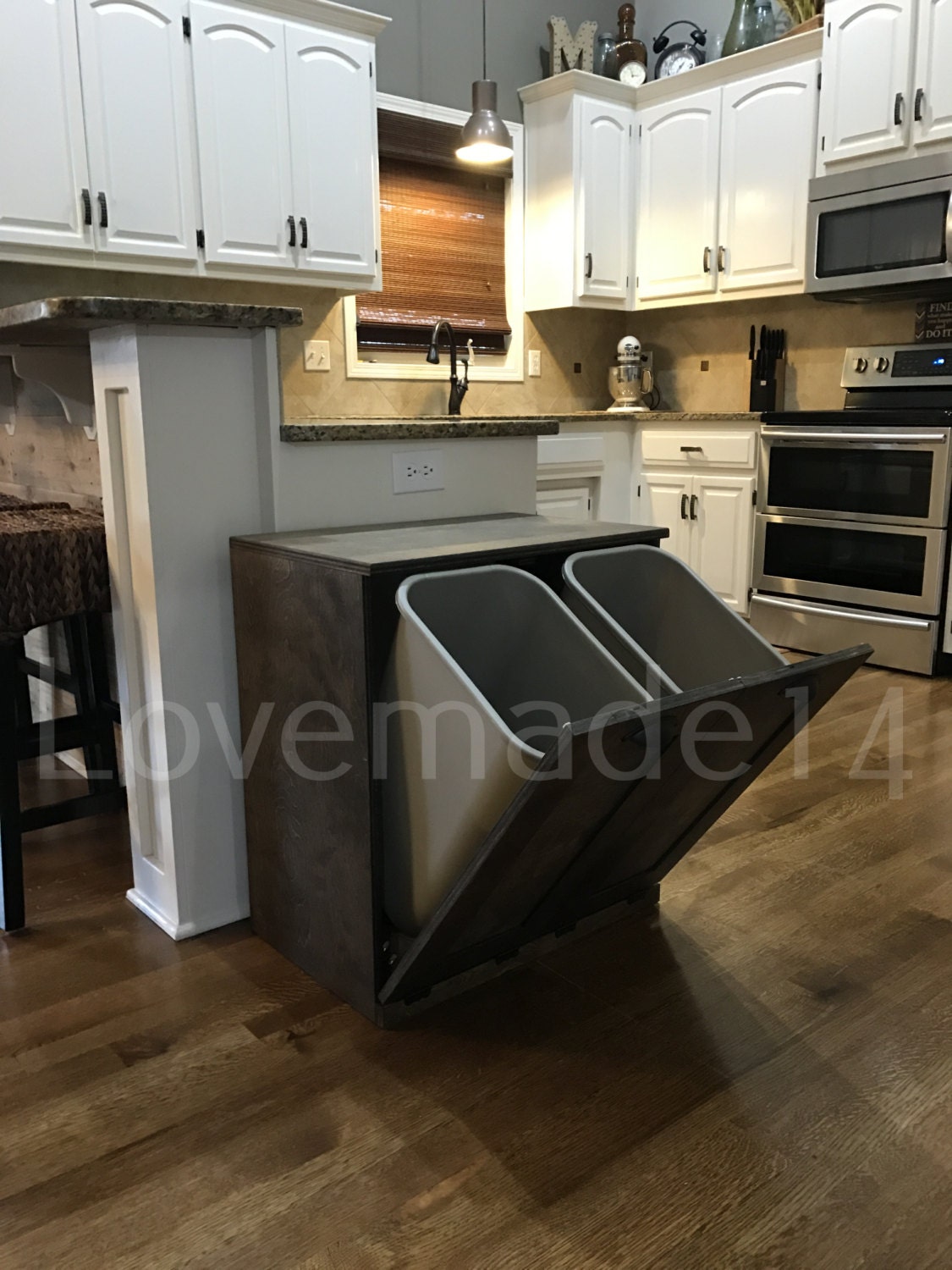 tilt out trash bin double dark walnut stain recycle