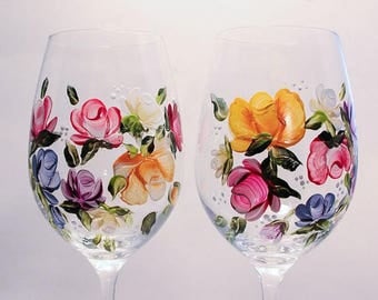 Hand Painted Wine Glasses Bouquet/Nosegays Pair